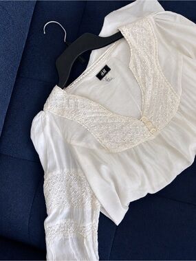 Vintage H&M White Embroidered Boho Blouse 3/4 Sleeve Romantic Cottagecore